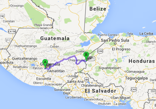 The likely road-route from Antigua to Copán Ruinas. Approx 280 kilometers.